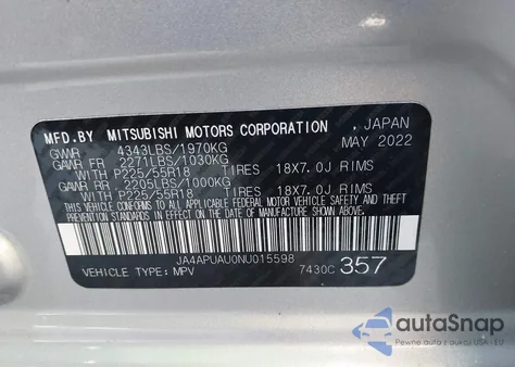 2022 Mitsubishi Outlander Sport 2.0 Le 2Wd from USA, damaged, VIN JA4APUAU0NU015598